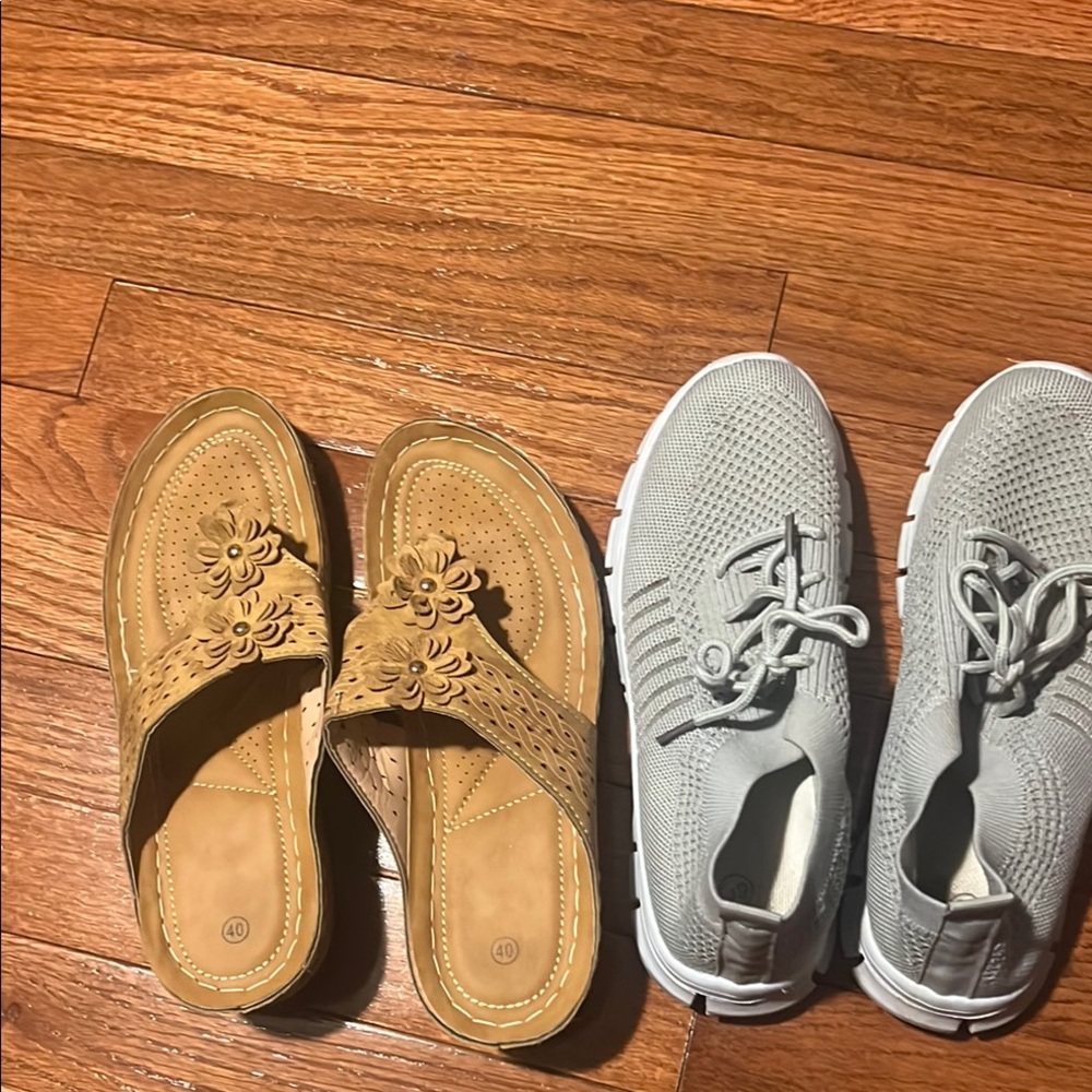 Gray Sneakers and Tan Sandals